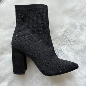 MIA Black Rhinestone Sock Booties Pointed Toe Block Heel Ankle Boots Women Sz 8‎